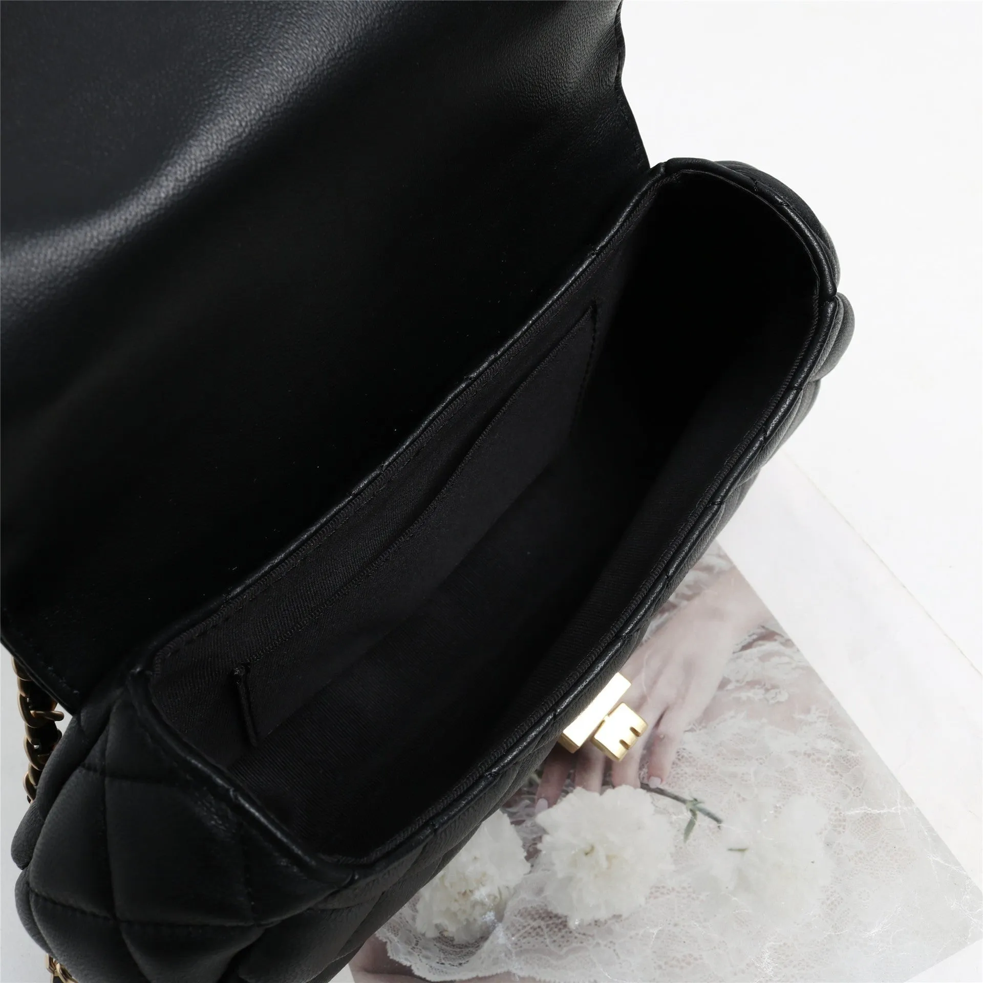 Womens Quilted Leather Cross Body Handle Flap Bag Black