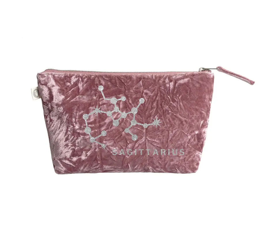 Zodiac Pink Crushed Velvet Large Makeup Bag -  Sagittarius